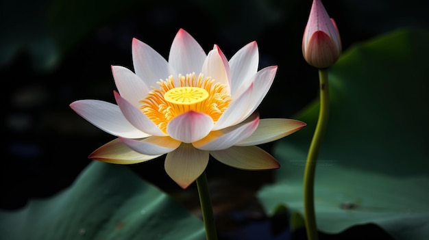 Une fleur de lotus avec un centre jaune et un centre jaune.