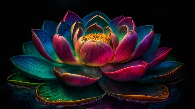 Une fleur de lotus colorée est éclairée sur un fond noir.