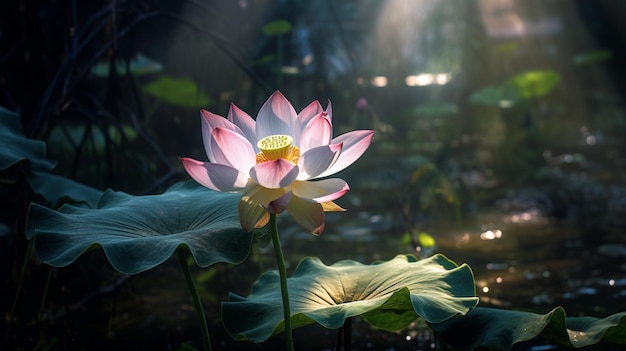 Une fleur de lotus dans l'eau avec le soleil qui brille dessus