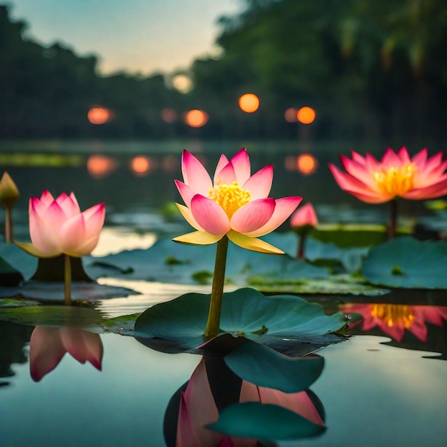 Une fleur de lotus dans un étang avec le coucher de soleil derrière