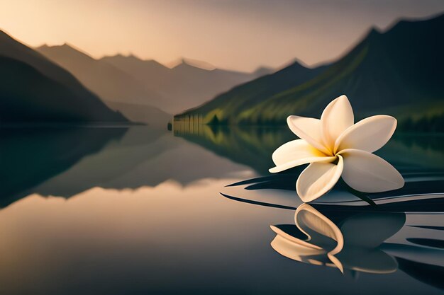 Photo une fleur de lotus est posée sur un lac devant une chaîne de montagnes.