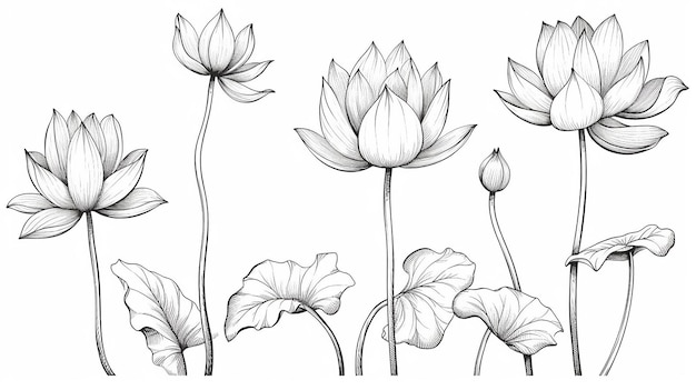 Fleur de lotus et feuilles Art de ligne noir et blanc IA générative