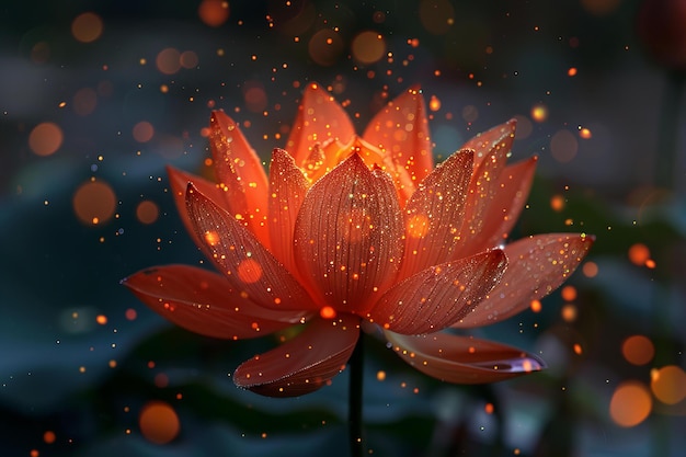 Photo une fleur de lotus lumineuse avec des étincelles magiques sur l'eau sombre