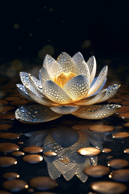 Une fleur de lotus avec des pièces d'or à la surface