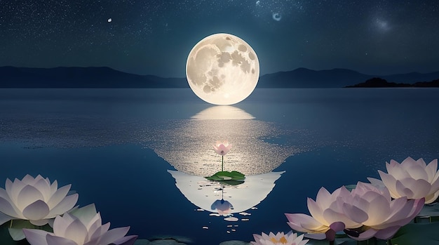 Une fleur de lotus poussant près de la mer et du sable de la pleine lune est le reflet calme de la pleine lune dans la mer