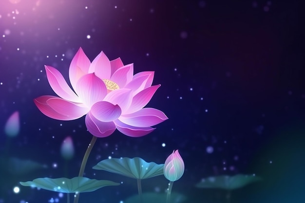 Une fleur de lotus rose avec un bourgeon jaune sur le fond d'un ciel nocturne sombre.