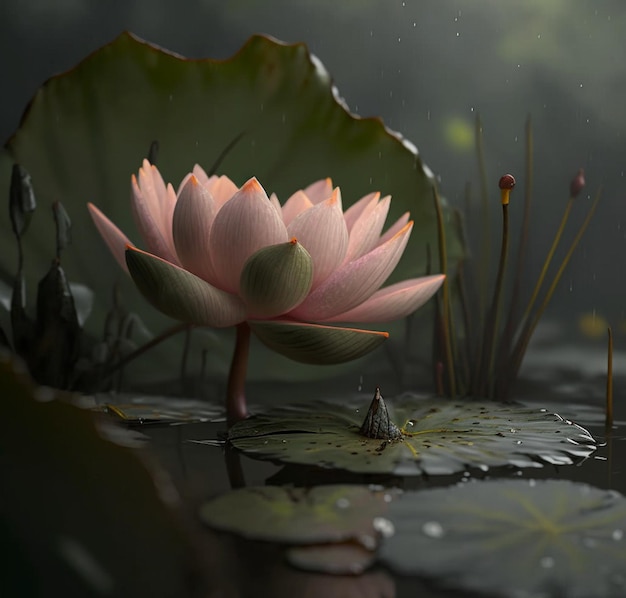Une fleur de lotus rose est dans l'eau avec une grenouille dessus.