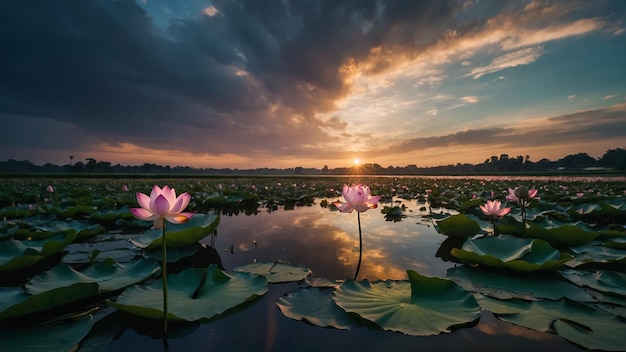 une fleur de lotus rose flotte dans un étang avec le soleil qui se couche derrière elle