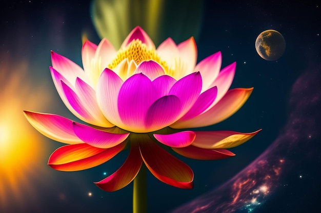 Une fleur de lotus rose avec une planète en arrière-plan