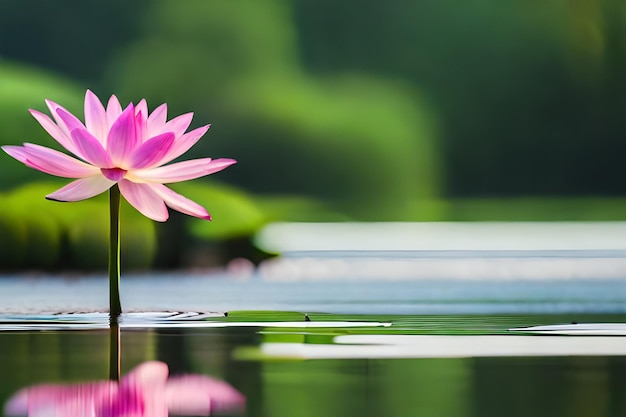 une fleur de lotus rose se reflète dans l'eau.