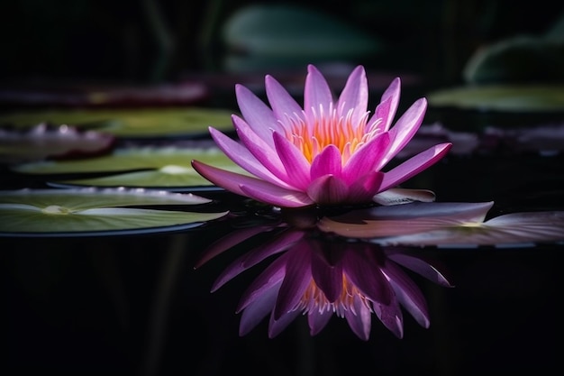 Une fleur de lotus rose se reflète dans l'eau.