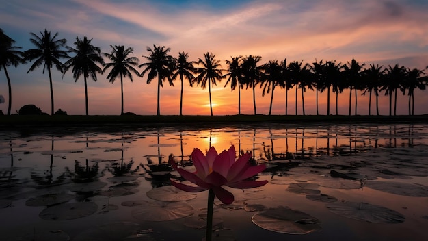 Fleur de lotus rouge et silhouette de palmiers à noix de coco au lever du soleil à Nakorn si Thammarat en Thaïlande