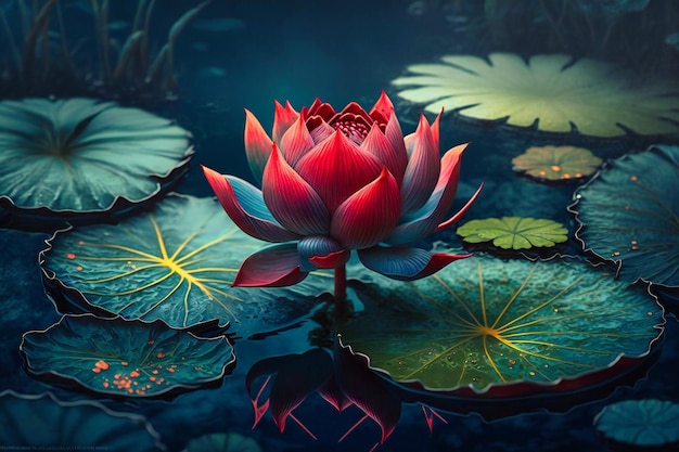 Une fleur de lotus rouge solitaire fleurit dans un cadre aquatique serein encadré par un feuillage bleu foncé