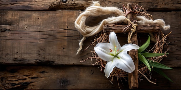 Fleur de Lys et couronne d'épines avec croix en bois