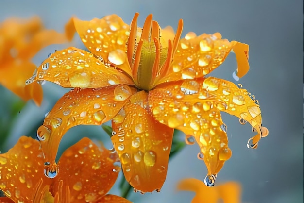 Fleur de lys orange avec des gouttes d'eau de pluie sur un fond sombre Fleurs en fleurs un symbole du printemps nouvelle vie