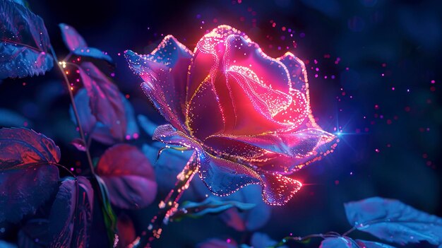 La fleur magique de la rose au néon fond au néon abstrait