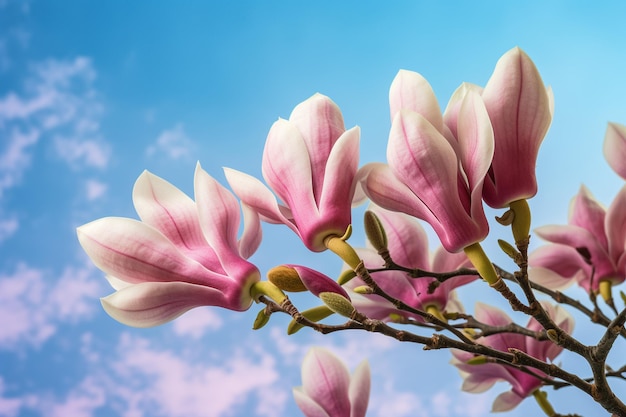 Fleur de magnolia sur le fond du ciel dans les rayons du soleil la beauté de la nature fleurs de printemps ai générative