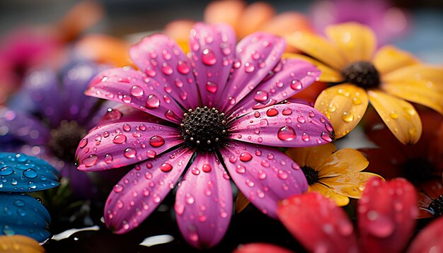 Une fleur de marguerite violette vibrante se reflète dans une prairie bleue humide générée par l'IA