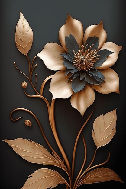 Une fleur en métal avec des feuilles d'or.