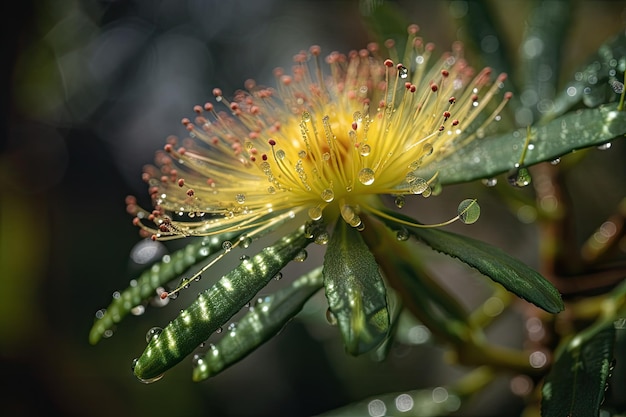 Fleur de mimosa en pleine floraison entourée de rosée