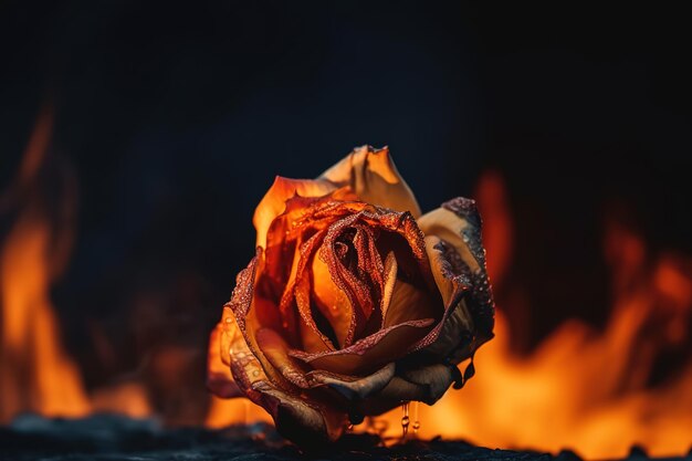 Une fleur morte devant un feu