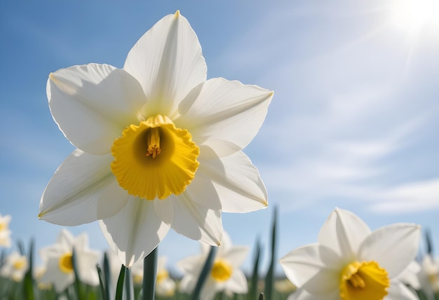 Une fleur de narcissus blanche entourée d'autres fleurs de narcisse dans un champ contre un ciel bleu flou