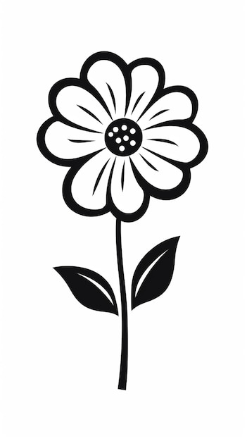 une fleur noire et blanche avec des feuilles sur fond blanc ai générative