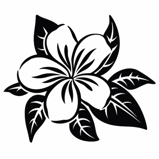 une fleur noire et blanche avec des feuilles sur un fond blanc