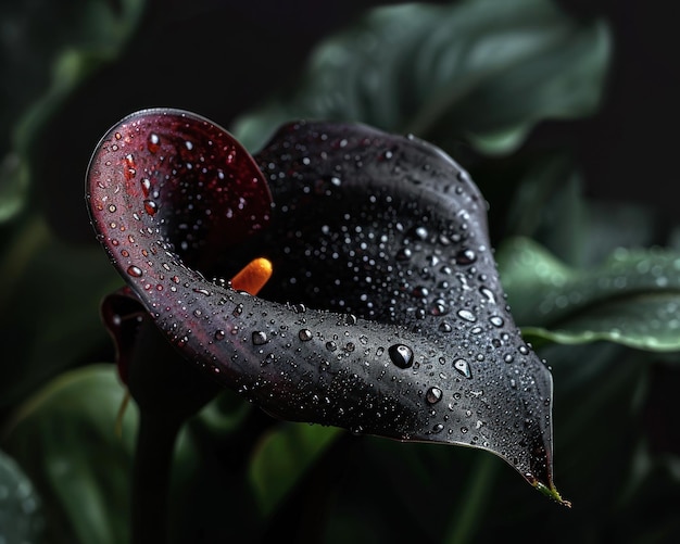 Une fleur noire avec des gouttes d'eau dessus