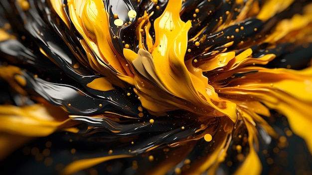 Une fleur noire et jaune avec des gouttes de peinture orange