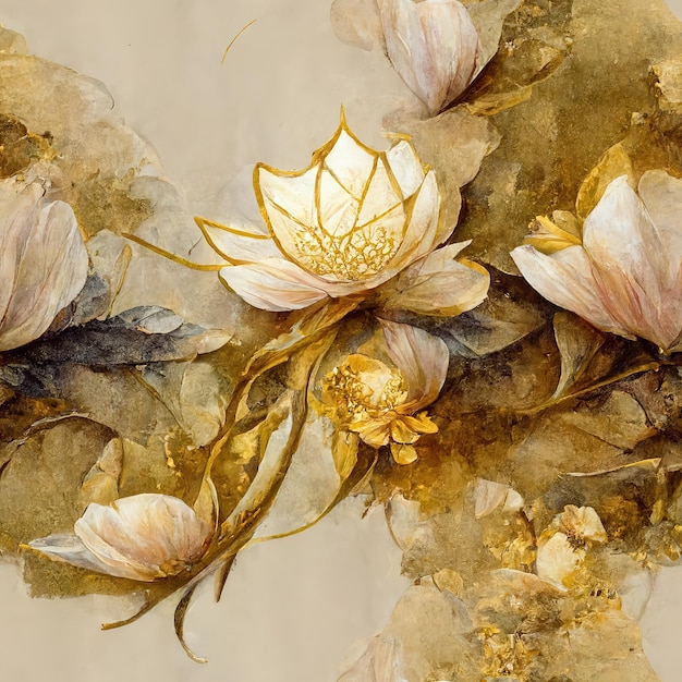 Une fleur avec de nombreuses feuilles est représentée sur la toile Illustration 3d du motif de couleurs de pinceau aquarelle transparente motif dessiné à la main