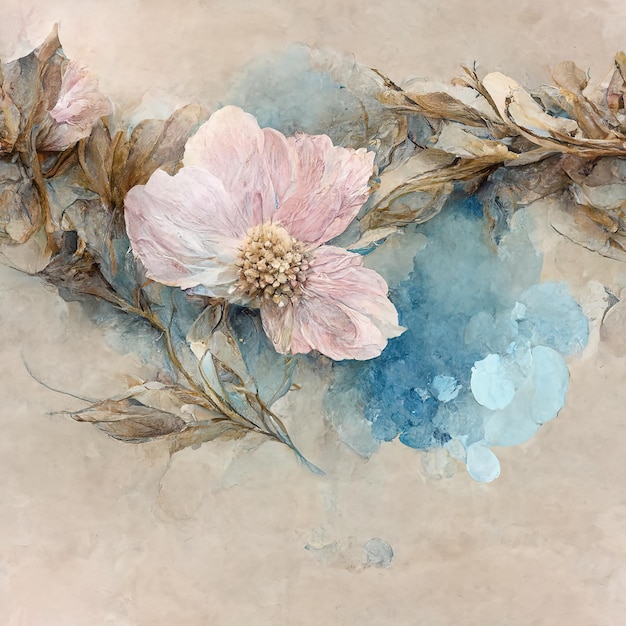 Une fleur avec de nombreuses feuilles est représentée sur la toile Illustration 3d du motif de couleurs de pinceau aquarelle transparente motif dessiné à la main