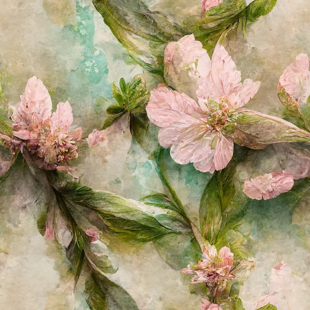 Une fleur avec de nombreuses feuilles est représentée sur la toile Illustration 3d du motif de couleurs de pinceau aquarelle transparente motif dessiné à la main