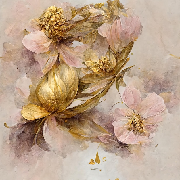 Une fleur avec de nombreuses feuilles est représentée sur la toile Illustration 3d du motif de couleurs de pinceau aquarelle transparente motif dessiné à la main