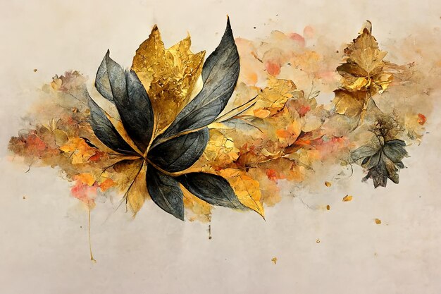 Une fleur avec de nombreuses feuilles est représentée sur la toile Illustration 3d du motif de couleurs de pinceau aquarelle transparente motif dessiné à la main