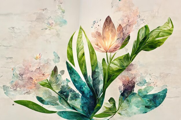 Une fleur avec de nombreuses feuilles est représentée sur la toile Illustration 3d du motif de couleurs de pinceau aquarelle transparente motif dessiné à la main