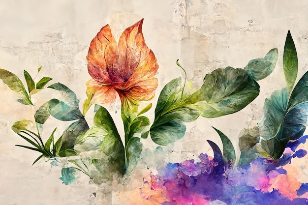 Une fleur avec de nombreuses feuilles est représentée sur la toile Illustration 3d du motif de couleurs de pinceau aquarelle transparente motif dessiné à la main
