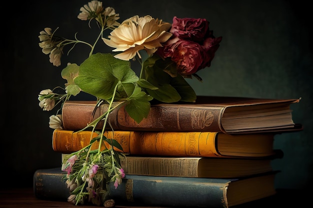 Fleur d'oeillet rose douce et romantique fraîche avec des livres Generative Ai