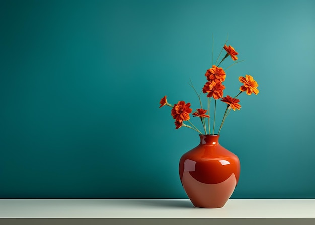 Fleur orange dans un vase orange sur fond de mur vert cnt