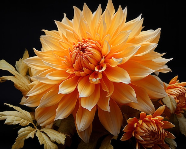 une fleur orange est dans un vase sur fond noir