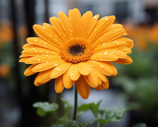 une fleur orange avec des gouttelettes d'eau dessus