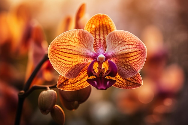 Une fleur d'orchidée avec un centre rouge et un centre violet.