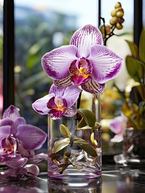 Une fleur d'orchidée dans un pot sur le rebord de la fenêtre