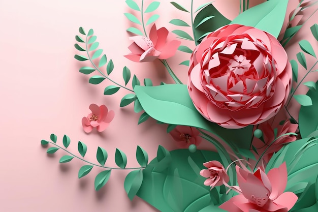 une fleur en papier avec des feuilles sur fond rose