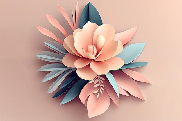 Fleur en papier à fond rose et feuilles bleues.