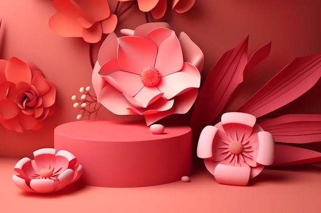 Une fleur en papier rose avec un fond rouge et une fleur dessus.