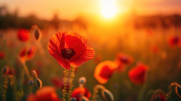 La fleur de pavot rouge au coucher du soleil