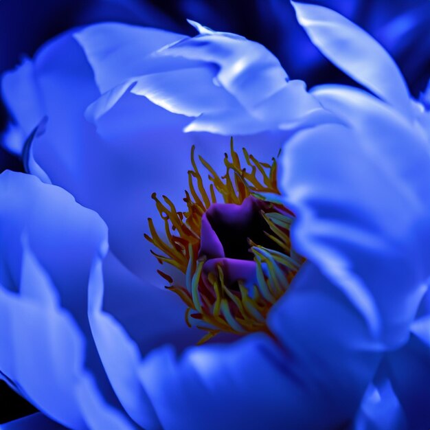 Fleur de pioie bleue avec des étamines jaunes sur un fond noir isolé avec un chemin de coupe