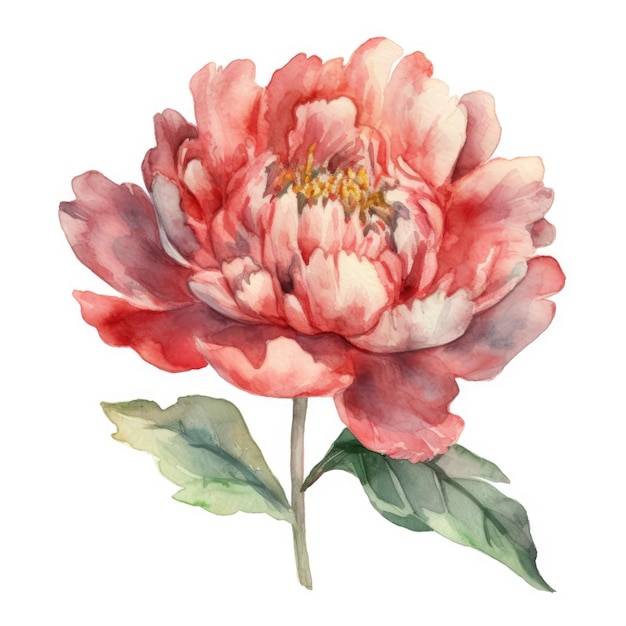 fleur de pioie rose peinte à l'aquarelle avec des feuilles et des boutons composition dessin floral sur blanc