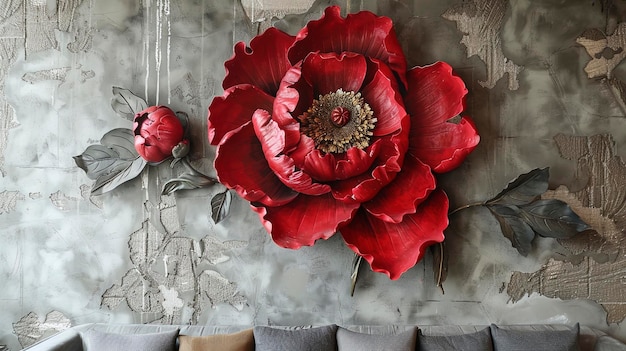 Fleur de pioie volumétrique décorative rouge sur le fond d'un mur décoratif